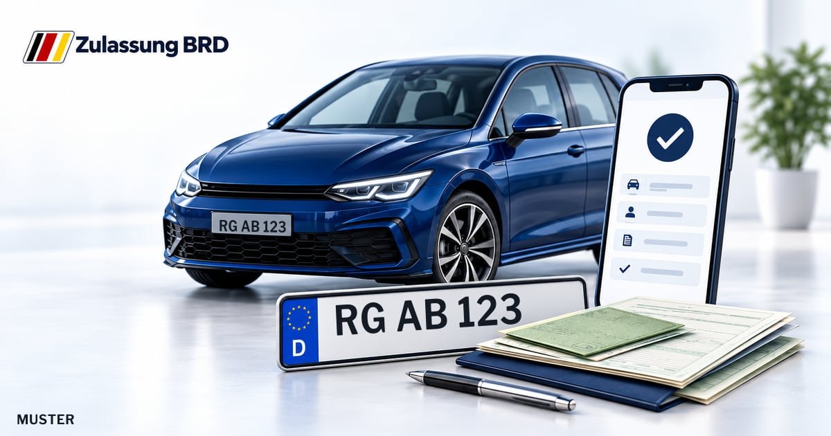 Online Fahrzeugzulassung in Klipphausen: Musterkennzeichen RG AB 123, Auto und Fahrzeugpapiere und Smartphone. Illustration mit Logo von Zulassung BRD.